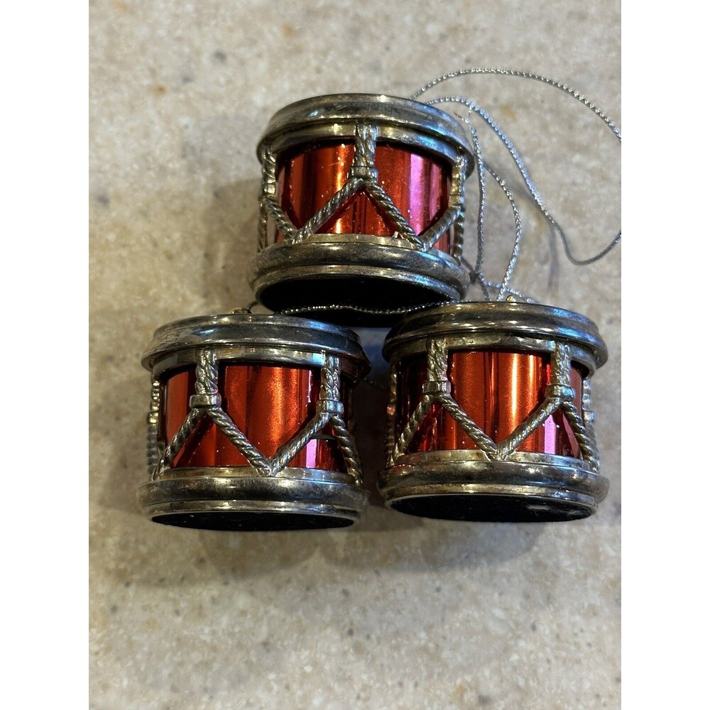 GODINGER Christmas Ornaments SILVER PLATED Drums Red  Lot of 3 Vintage drummer